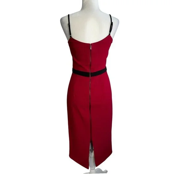 Dress the Population Emma V Neck Red Sleeveless Belted Holiday Midi Dress Size S Midi